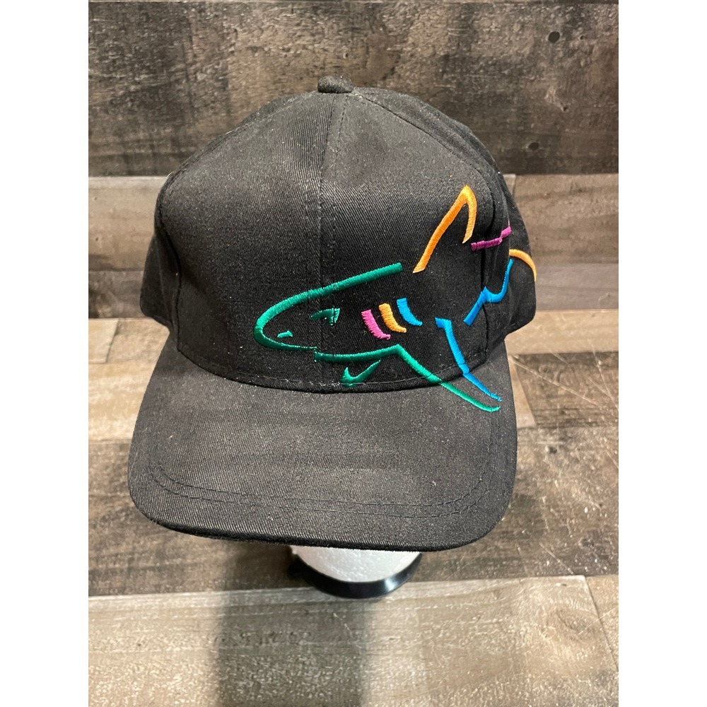 Vtg 90s Greg Norman Shark Logo Golf Hat Black Multi-Color Neon Embroidery